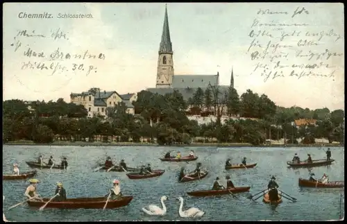 Ansichtskarte Chemnitz Schloßteich mit Blick zur Kirche 1910