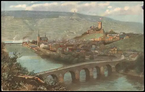 Ansichtskarte Bingen am Rhein Burg mit Burg Klopp und Drususbrücke 1914