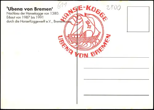 Ansichtskarte Bremerhaven Nachbau der Hansekogge von 1380. 1992  RS: Bordstempel
