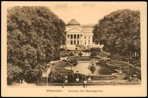 Ansichtskarte Wiesbaden Kurhaus mit Blumengarten 1910
