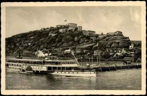 Koblenz Rhein Dampfer Fahrgastschiff passiert Festung Ehrenbreitstein 1930
