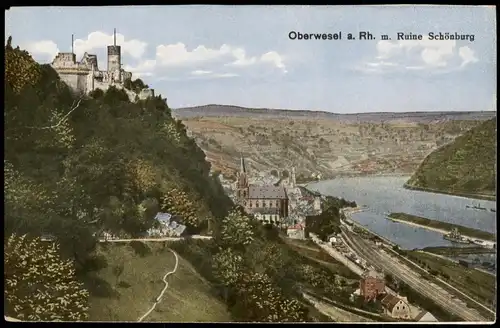 Oberwesel Panorama-Ansicht, Rhein Partie m. Ruine Schönburg 1921