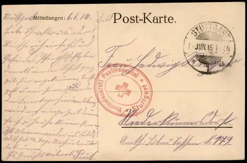 Ansichtskarte Stuttgart 1916   1. Weltkrieg Feldpost  (Stempel Paulinenspital)