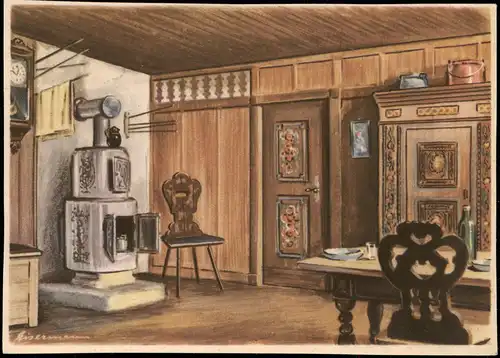 Künstlerkarte Innenansicht Bauernstube in Busenhorn (Hessen) 1950