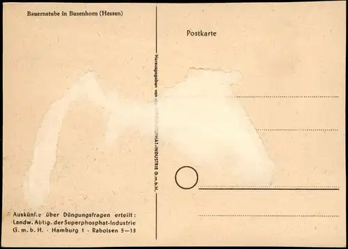 Künstlerkarte Innenansicht Bauernstube in Busenhorn (Hessen) 1950