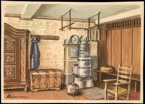 Bauernstube aus der Südpfalz (19. Jahrhundert) Künstlerkarte 1950