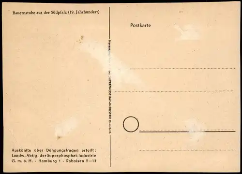 Bauernstube aus der Südpfalz (19. Jahrhundert) Künstlerkarte 1950