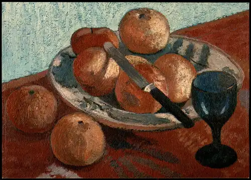 Künstlerkarte Paula Modersohn-Becker Stilleben mit Apfeln und grünem Glas (1906) 1950