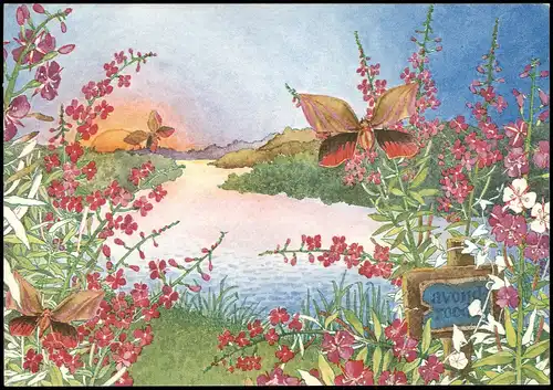 Künstlerkarte Annet Planten, Amsterdam, Schmetterling & Blumen 1989