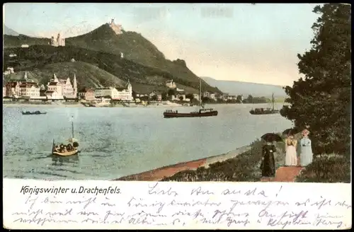 Ansichtskarte Königswinter Drachenfels vom Rhein gesehen 1906 (Ankunftsstempel)