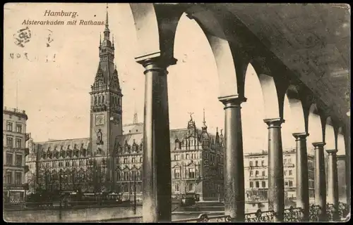 Ansichtskarte Hamburg Alsterarkaden und Rathaus 1914