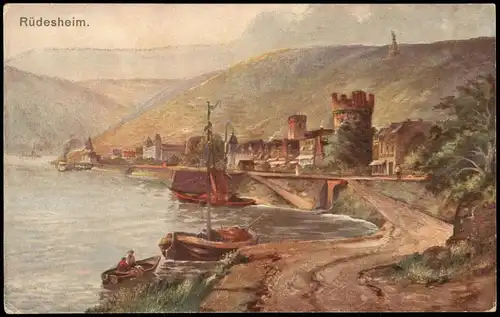 Ansichtskarte Rüdesheim (Rhein) Rhein, Stadtpartie - Künstlerkarte 1919