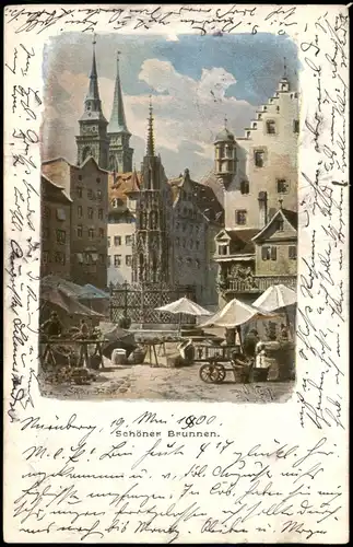 Ansichtskarte Nürnberg Schöner-Brunnen 1900   gel  HAINSBERG (Ankunftsstempel)