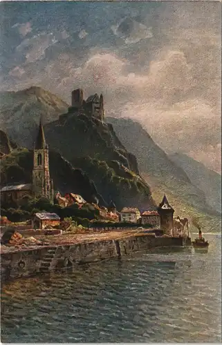 St. Goarshausen Burg Katz am Rhein Künstlerkarte, Astudin-Karte 1920
