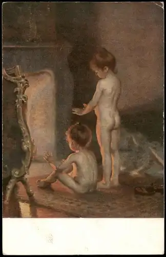 Ansichtskarte  Kinder Künstlerkarte Kinder am Kamin 1913
