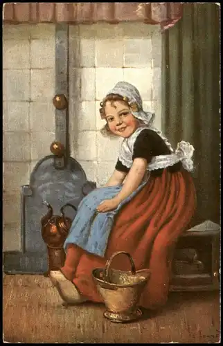 Ansichtskarte  Kinder Künstlerkarte Mädchen am Ofen Typen Holland 1913