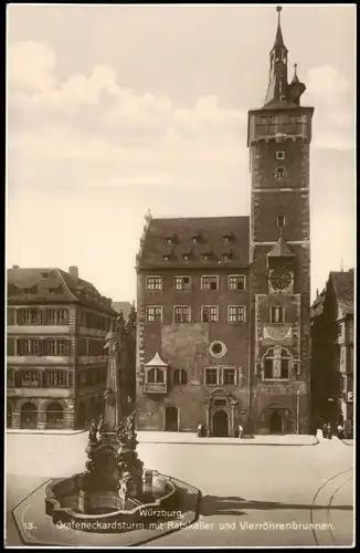 Würzburg Grafeneckardsturm mit Ratskeller und Vierröhrenbrunnen 1920