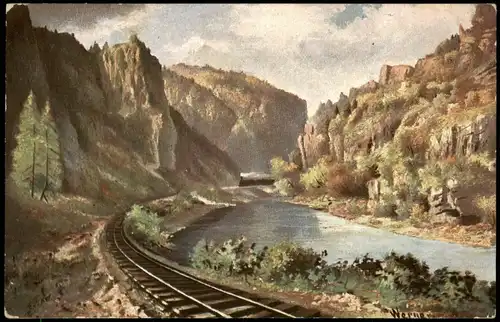 .Sachsen Sächsische Schweiz - Künstlerkarte Elbe Eisenbahn 1909   gel Stempel