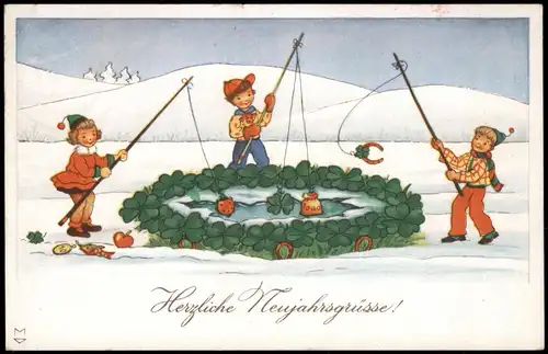 Ansichtskarte  Neujahr Sylvester New Year: Kinder angeln Glückssymbole 1941
