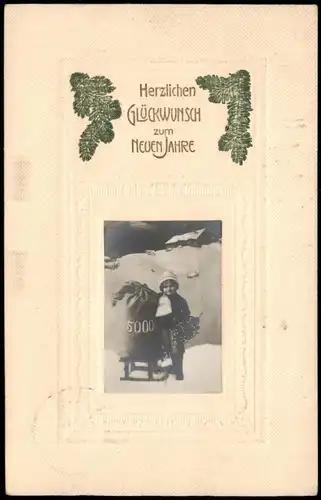 Neujahr Sylvester New Year:  Kind, Geldsack auf Schlitten 1914 Prägekarte