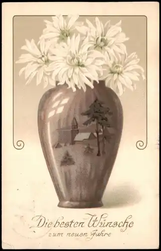 Vase Stadtbild Blumen Neujahr Sylvester New Year 1910 Prägekarte  g Darmstadt