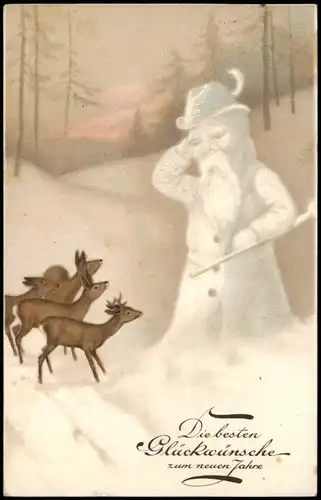 Ansichtskarte  Schneemann als Jäger, Rehe Neujahr Sylvester New Year 1930