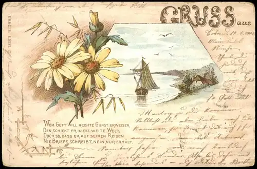 Ansichtskarte  Künstlerkarte: Blumen Motiv nebst Bucht mit Segelschiff 1901