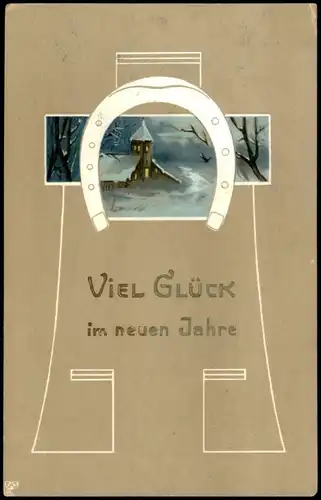 Neujahr Sylvester New Year Motiv: Kirche Landschaft im Hufeisen 1910