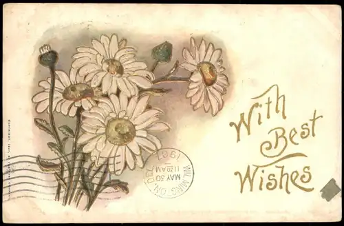 Künstlerkarte: Blumen WITH BEST WISHES (Flowers, US-Card) 1910 Prägekarte