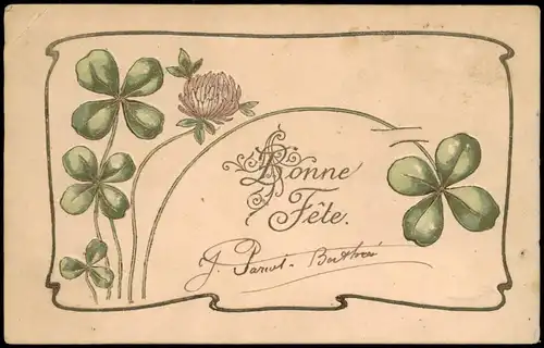 Künstlerkarte: "Bonne Fete", Kleeblatt Verziehrung 1905 Prägekarte