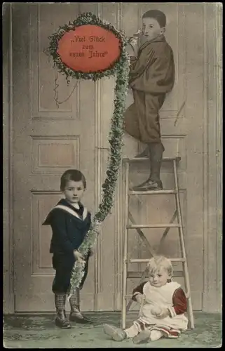 Ansichtskarte  Neujahr Sylvester New Year, Kinder schmücken Girlande 1910