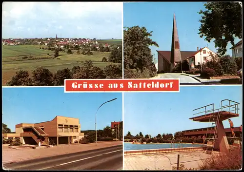 Satteldorf Mehrbild-AK mit 4 Ortsansichten u.a. Freibad, Kirche 1980