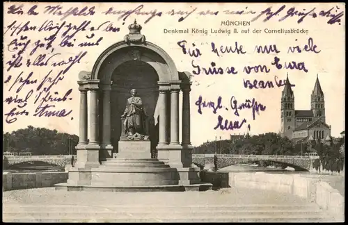 München Denkmal König Ludwig II. auf der Corneliusbrücke 1912
