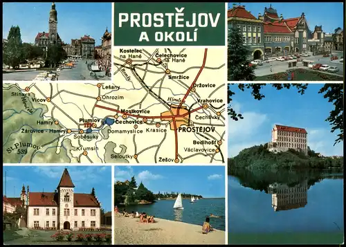 Proßnitz Prostějov Mehrbild-AK mit Ortsansichten & Umgebungskarte 1980