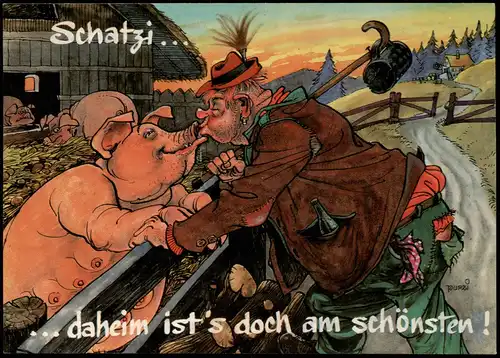 Humor-Karte "Schatzi daheim ist's doch am schönsten" Wanderer küsst Schwein 1970