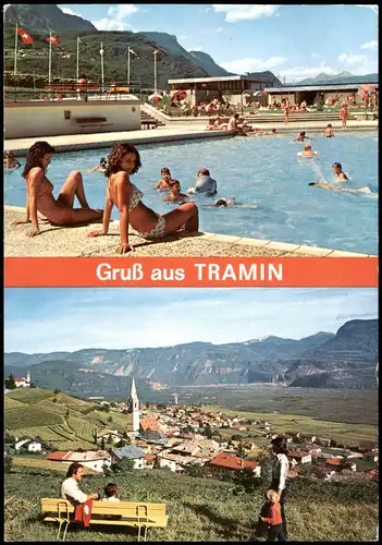Cartoline Tramin 2-Bild-Karte u.a. Schwimmbad Freibad 1970