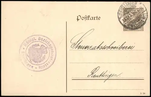 Ganzsache  Reutlingen Stempel Bezirksgeometerstelle (Heimatbeleg) 1914