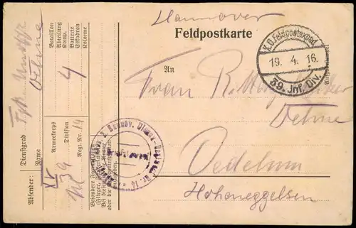 Ansichtskarte  Feldpostkarte 1. Weltkrieg 1916   Briefstempel 39. Inf. Div.