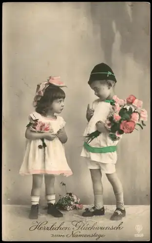 Glückwunsch Namenstag Motiv Kinder mit Blumen, teilkoloriert 1926