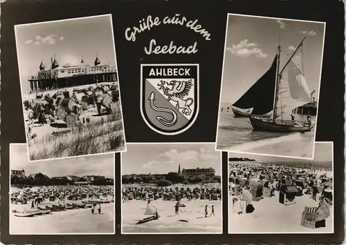 Ansichtskarte Ahlbeck (Usedom) Seebrücke mit Strand und Segelboot 1961