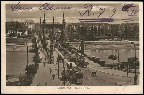 Ansichtskarte Mannheim Neckarbrücke, Straßenbahn 1919  gel. Rollstempel