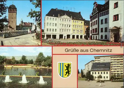 Chemnitz Roten Turm, Siegertsches Haus, Wasserspiele auf dem Karl-Marx-Platz, Fritz-Heckert-Haus 1990