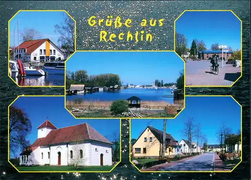 Ansichtskarte Rechlin (Müritz) Hafen, Kirche, Straße, See 1995