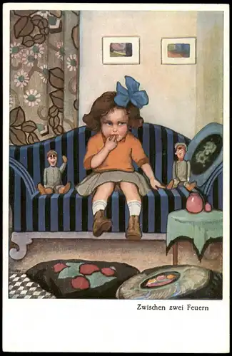 Kinder Künstlerkarte Mädchen auf Sofa Moderne Kunst/,,Zwischen zwei Feuern" 1913