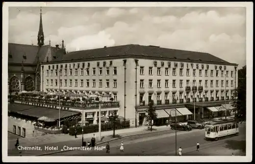 Ansichtskarte Chemnitz Tram Straßenbahn passiert Hotel Chemnitzer Hof 1936
