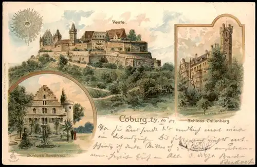 Ansichtskarte Coburg Veste Coburg, Schloss Callenberg Litho AK GOLDSONNE 1903   gelaufen nach Strassburg (Ankunftsstempel)