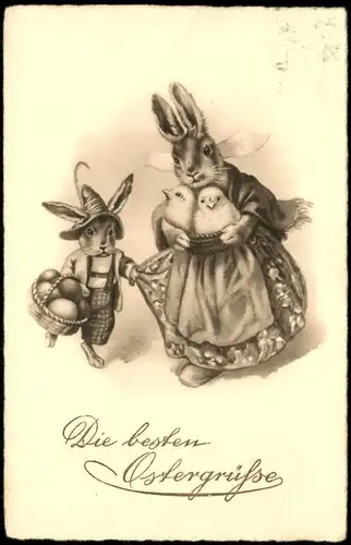 Ansichtskarte  Glückwunsch Ostern / Easter - Hasenfamilie und küken 1931