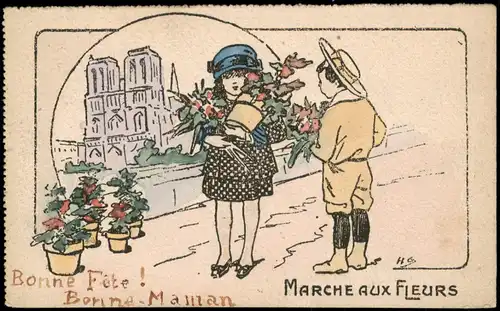 Paris Kathedrale Notre-Dame de Paris Marche aux Fleurs Künstlerkarte 1920