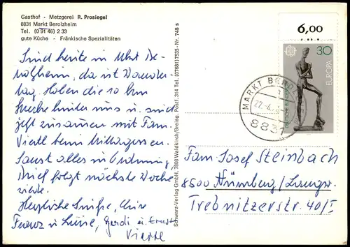 Markt Berolzheim Gasthof Metzgerei Prosiegel 1974  gel Oberrandstück