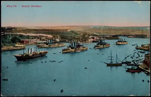 Postcard Valletta Hafen Grand Habour, Hafen Schiffe 1910
